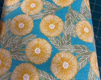 Fluffy Flowers gold and eucalypt green colors Japanese Linen/Cotton - fabric by the 1/4mtr
