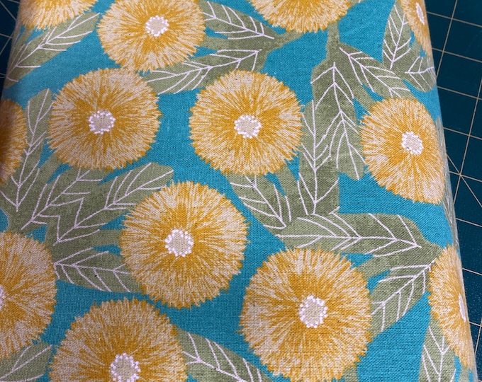 Fluffy Flowers gold and eucalypt green colors Japanese Linen/Cotton - fabric by the 1/4mtr