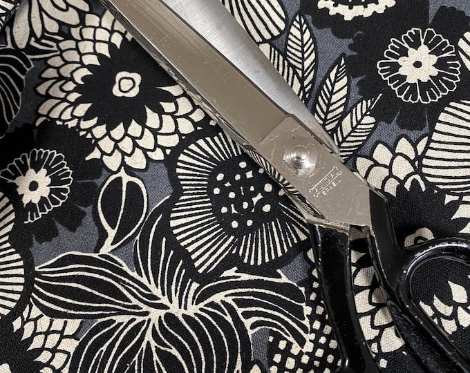 Bold black  Flowers  on a gray background - Japanese Linen/Cotton fabric