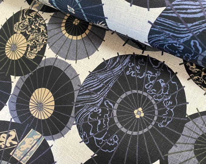Parasols in Modern style, Black on White background, textured Dobby Shantung Japanese Cotton