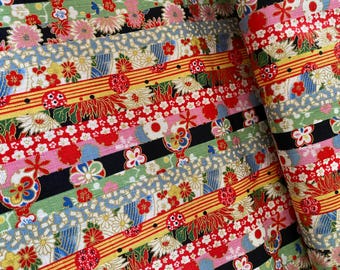 Flowers in stripes, Red, textured Dobby Shantung Japanese Cotton