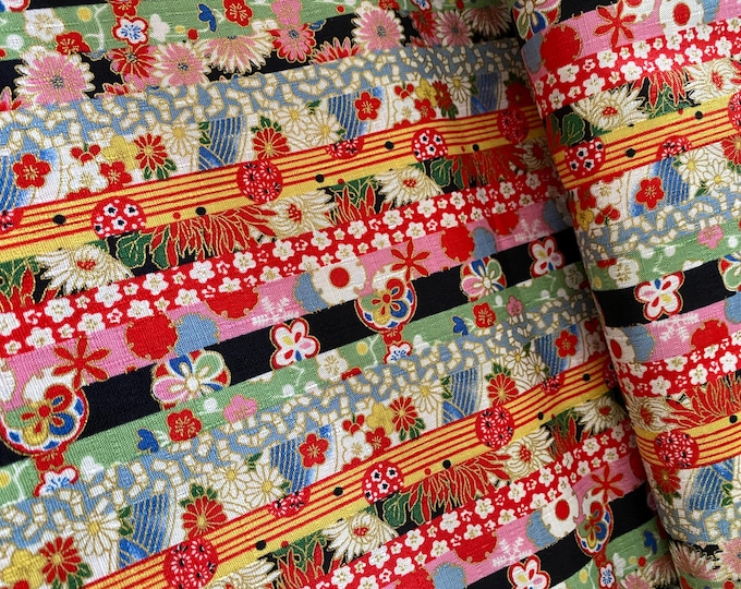 Flowers in stripes, Red, textured Dobby Shantung Japanese Cotton