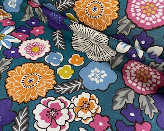 Flowers colour burst - Jade background - Japanese Linen/Cotton - fabric by the 1/4mtr