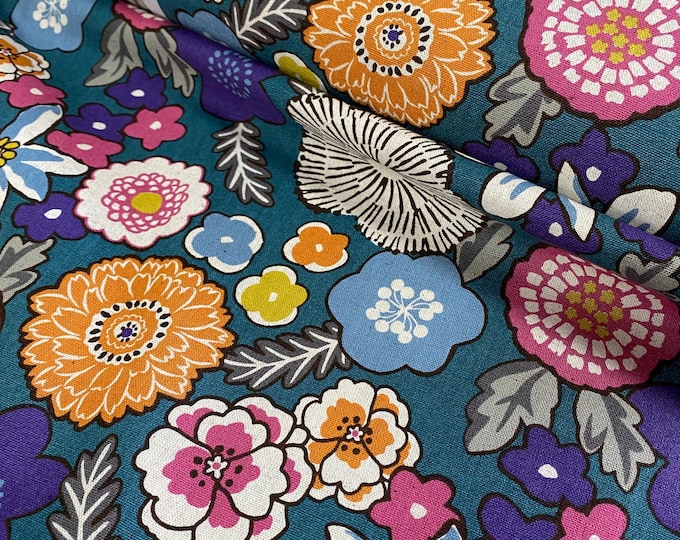 Flowers colour burst - Jade background - Japanese Linen/Cotton - fabric by the 1/4mtr