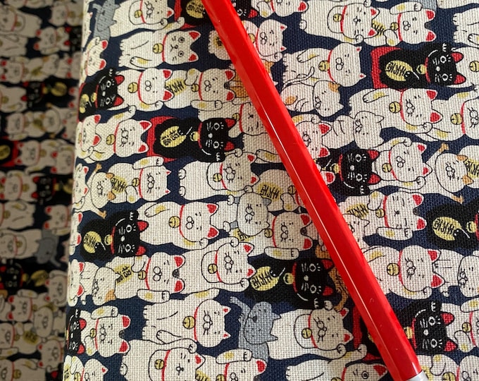 Lucky Cats on black  linen blend