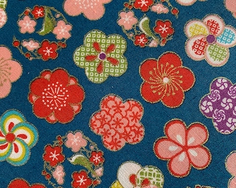 Blossoms forever - Sheeting - Japanese Cotton - fabric by the 1/4mtr Teal background
