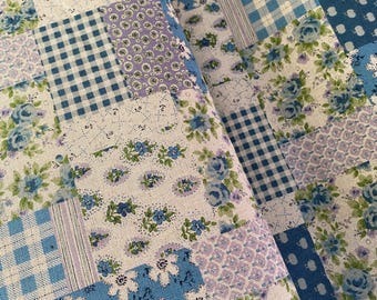 Patchwork flowers- blues/lilac Japanese Linen/Cotton - fabric by the 1/4mtr