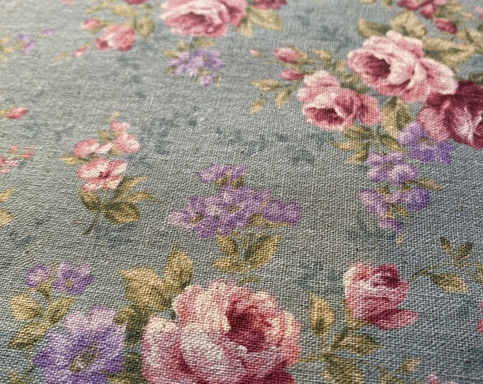 Ruso - Small Rose bunches - Teal Background - Sheeting - Japanese Cotton/Linen 80/20 - fabric by the 1/4mtr