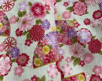 Blossoms and Fans in pink on cream Dobby Shantung Japanese Cotton - fabric by the 1/4mtr