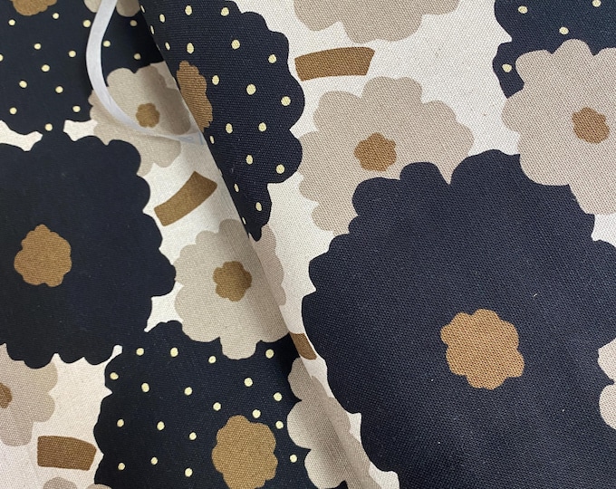 Flower parade - Black & Tan - Japanese Linen/Cotton - fabric by the 1/4mtr