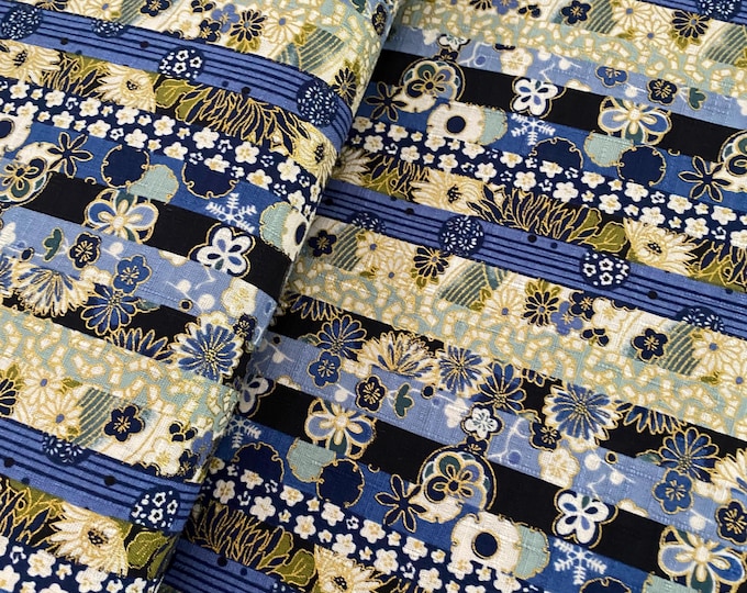 Flowers in stripes, Blue, textured Dobby Shantung Japanese Cotton