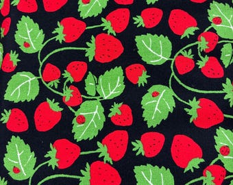 Strawberries on Black background  - Oxford Cloth - Japanese Cotton - fabric by the 1/4mtr