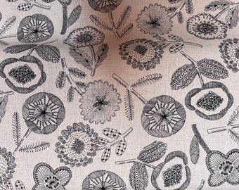 Crazy embroidery flowers - Japanese Cotton/Linen 80/20 - fabric by the 1/4mtr