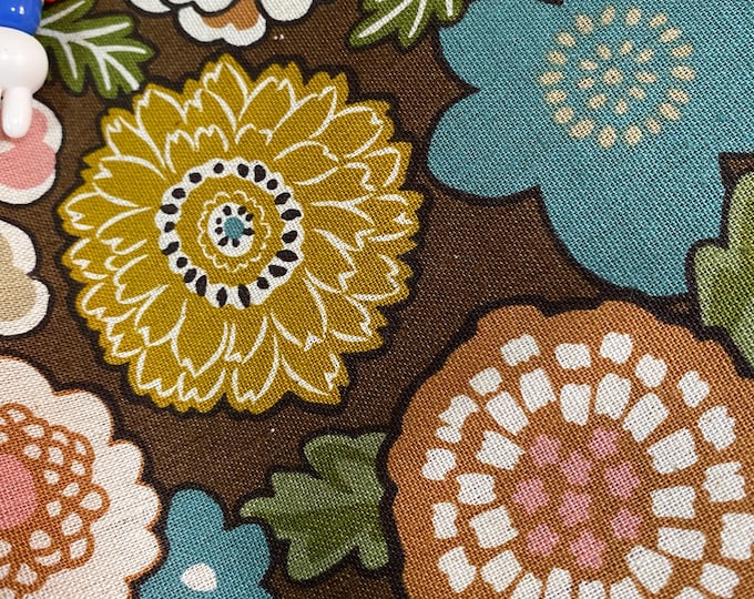 Flowers colour burst - Chocolate background - Japanese Linen/Cotton - fabric by the 1/4mtr
