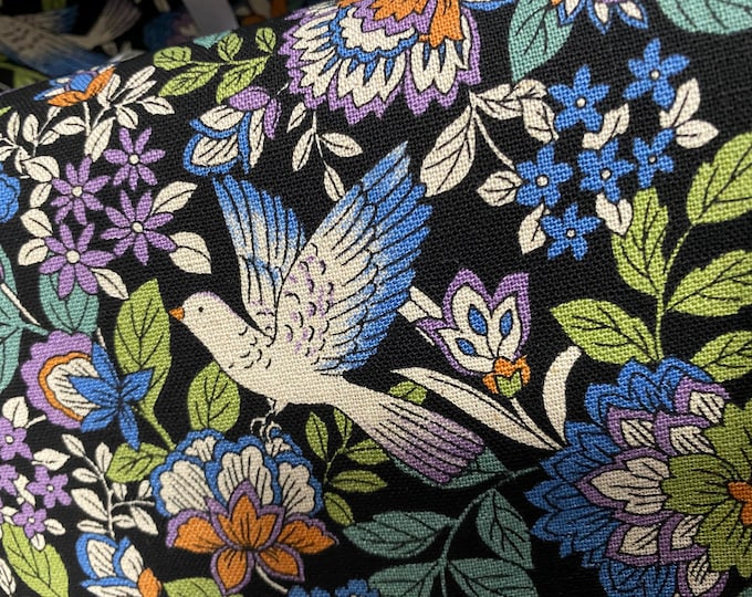 When Doves Fly, Black  background Linen/Cotton - fabric by the 1/4mtr
