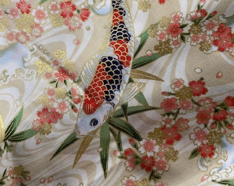 Koi with Cherry Blossoms on Cream & natural background, sheeting weight Japanese cotton fabric
