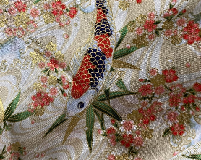 Koi with Cherry Blossoms on Cream & natural background, sheeting weight Japanese cotton fabric