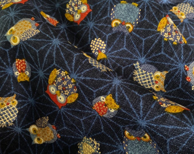 Owls, owls and more Owls on a navy blue Asanoha background - Japanese Cotton - fabric by the 1/4mtr
