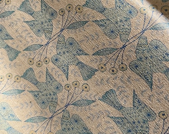Words of Forest - Blue Birds on Ecru - Japanese Linen/Cotton Sheeting - fabric by the 1/4mtr