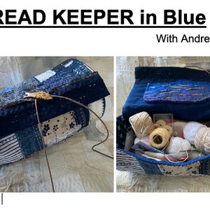 May include: A blue fabric roll-up thread keeper with a patchwork design and a brown leather strap. The keeper is open to reveal a variety of spools of thread, needles, and other sewing supplies.