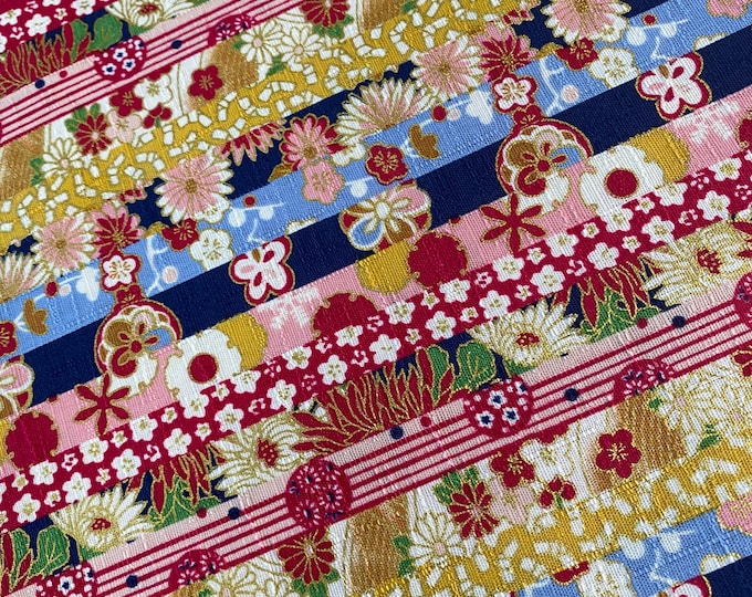 Flowers in stripes, Magenta, textured Dobby Shantung Japanese Cotton