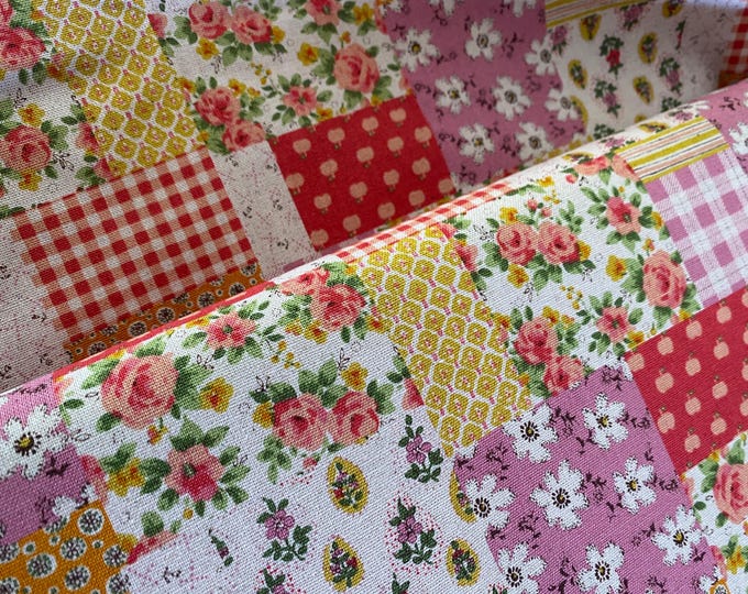 Patchwork flowers- pink/gold- Japanese Linen/Cotton - fabric by the 1/4mtr
