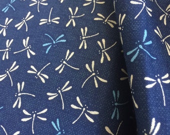 Dragonflies Teal & Cream on Navy blue - fabric by the 1/4mtr