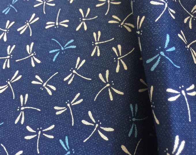Dragonflies Teal & Cream on Navy blue - fabric by the 1/4mtr
