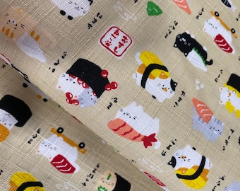 Sushi Cats! on vanilla cream Dobby Shantung Japanese Cotton - fabric by the 1/4mtr
