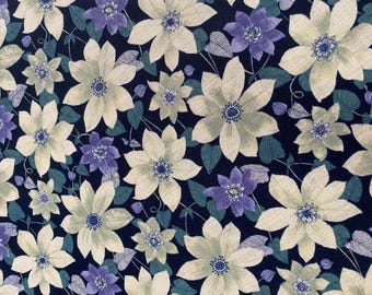 Clematis beauty - Cream/Green and Mauve - Japanese Cotton - fabric by the 1/4mtr