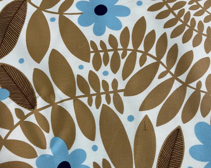 Flower power - tan leaves & blue flowers - Oxford Cloth - 150cm wide - fabric by the 1/4mtr