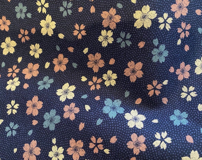 Cherry Blossom Teal & Dusty Pink on Navy - fabric by the 1/4mtr
