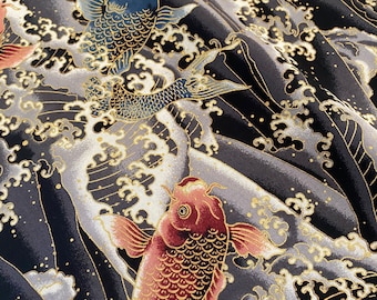 Koi Fish - Grey/Black - fabric by the 1/4mtr