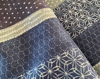 Bands of Japanese patterns on Navy - Dobby Shantung Japanese Cotton - fabric by the 1/4mtr