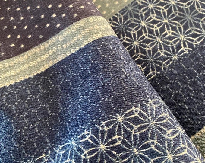 Bands of Japanese patterns on Navy - Dobby Shantung Japanese Cotton - fabric by the 1/4mtr