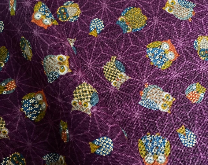 Owls, owls and more Owls on a purple background - Japanese Cotton - fabric by the 1/4mtr
