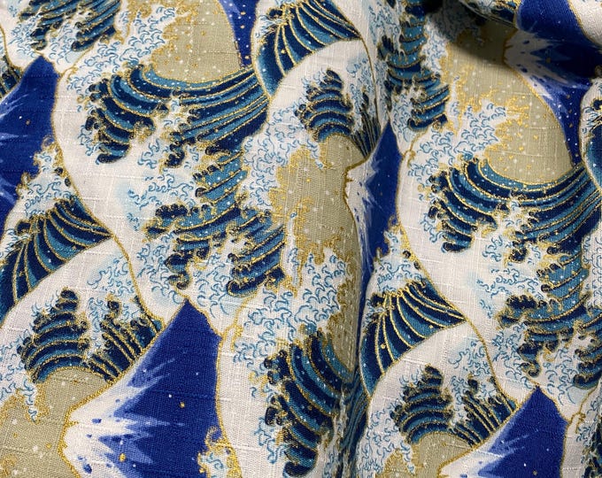 Waves and Fuji on white , textured Dobby Shantung Japanese Cotton