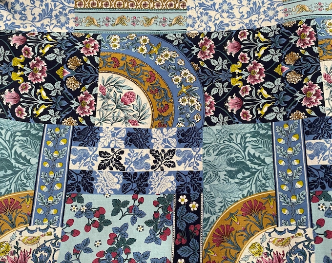 Art Nouveau Symphony - Woodland animals on sheeting weight fabric, Blue Patchwork