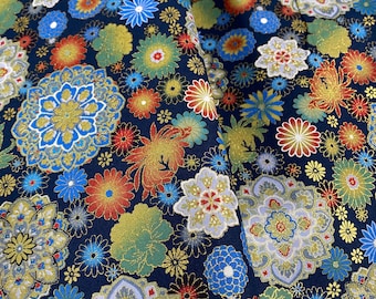 Colourful Kaleidoscope on Ink Navy background, sheeting weight Japanese cotton fabric