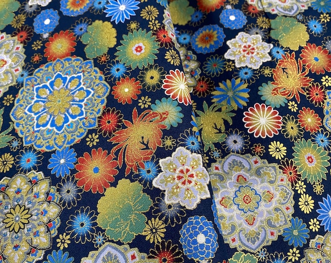Colourful Kaleidoscope on Ink Navy background, sheeting weight Japanese cotton fabric