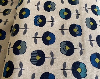 Flower rows - blues- Japanese Linen/Cotton - fabric by the 1/4mtr