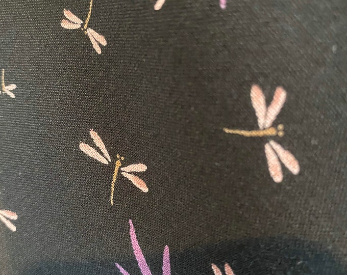 Shades of Pink Dragonflies and leaves on Black fabric by the 1/4mtr