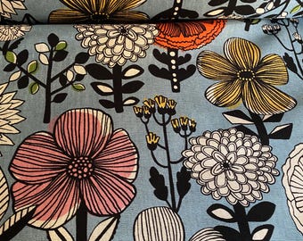 Amazing Flowers - Duck Egg Blue - Japanese Linen/Cotton - fabric by the 1/4mtr 148cm wide