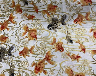 Goldfish in a cream pond, textured Dobby Shantung Japanese Cotton