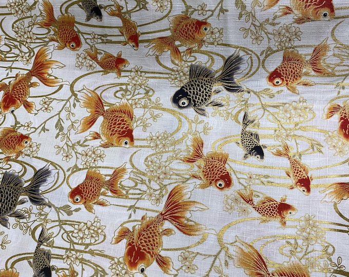 Goldfish in a cream pond, textured Dobby Shantung Japanese Cotton