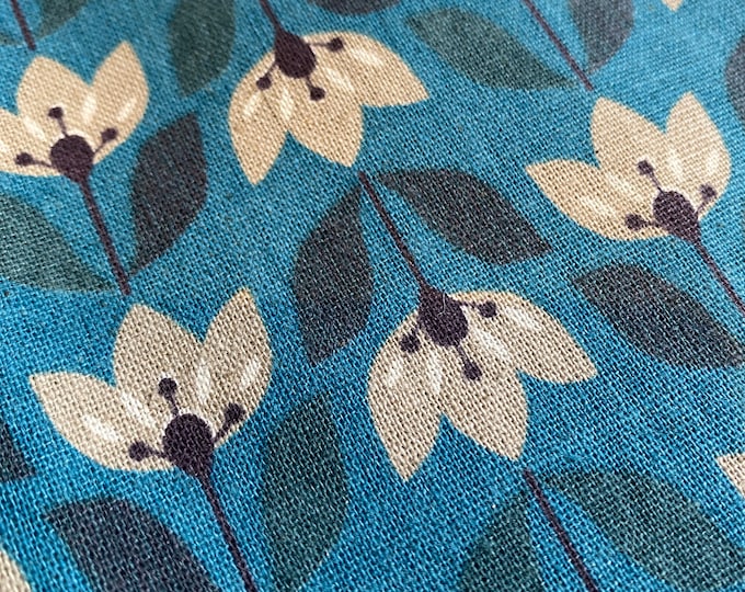 Rinkai - Tulips - Teal Background - Sheeting - Japanese Cotton/Linen 80/20 - fabric by the 1/4mtr