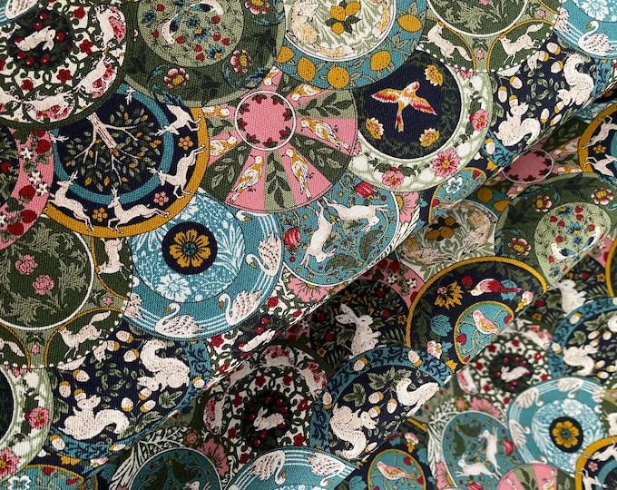 Art Nouveau Symphony - Woodland animals on sheeting weight fabric, Green Arcs