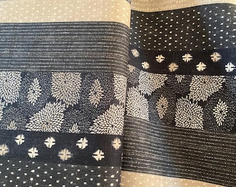 Bands of Japanese patterns on Black - Dobby Shantung Japanese Cotton - fabric by the 1/4mtr