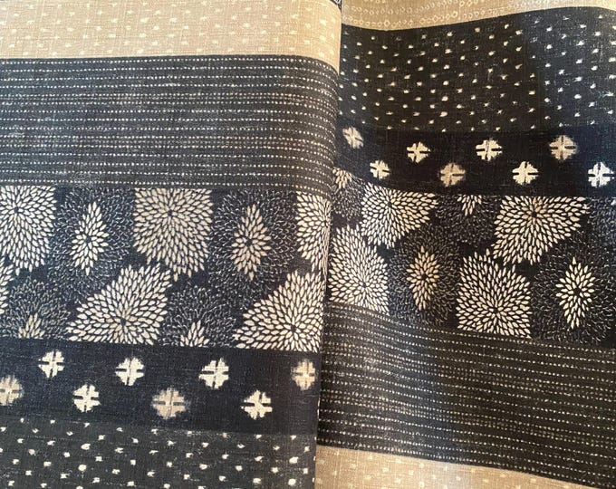 Bands of Japanese patterns on Black - Dobby Shantung Japanese Cotton - fabric by the 1/4mtr