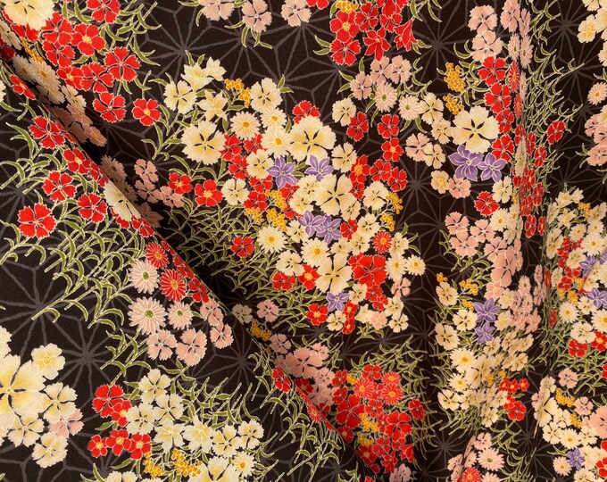 Meadow garden on Asanoha background - Black - Shirting - Japanese Cotton - fabric by the 1/4mtr